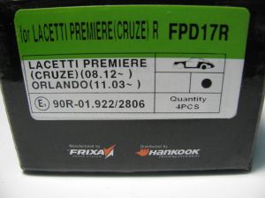 Комплект спирачни накладки HANKOOK FRIXA  задни дискови FPD17R (A.B.S. 37790) за Chevrolet, Opel, Vauxhall